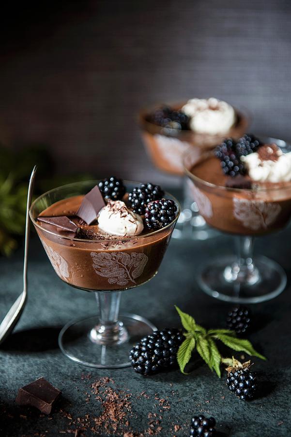 Chocolate Mousse With Blackberries And Cream Photograph by Magdalena Hendey