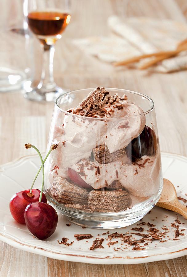 Chocolate Mousse With Cherries And Wafers Photograph by Birgit Twellmann