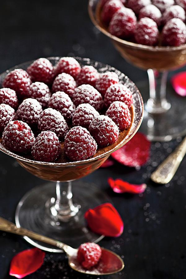 Chocolate Mousse With Fresh Raspberries And Icing Sugar Photograph by The Food Union