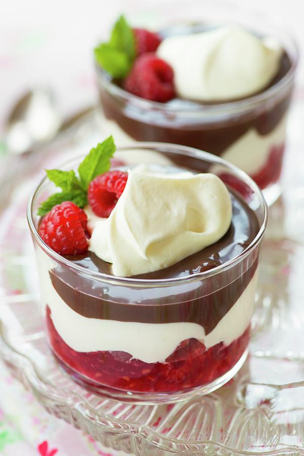 Chocolate Mousse With Raspberries And Cream Photograph by Jonathan Short