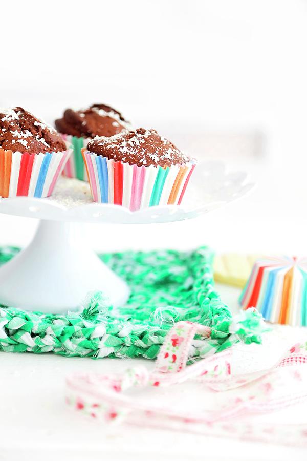 Chocolate Muffins On A White Cake Stand Photograph by Syl Loves