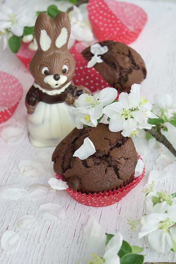 Chocolate Muffins With A Chocolate Easter Bunny And Apple Blossom Photograph by Martina Schindler