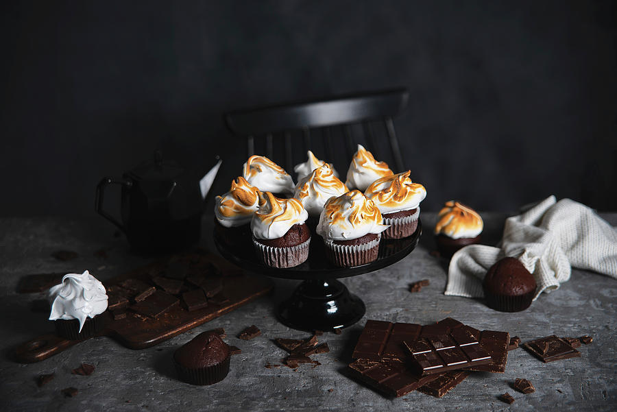 Chocolate Muffins With Italian Merinue On Grey Table Photograph by Karolina Polkowska