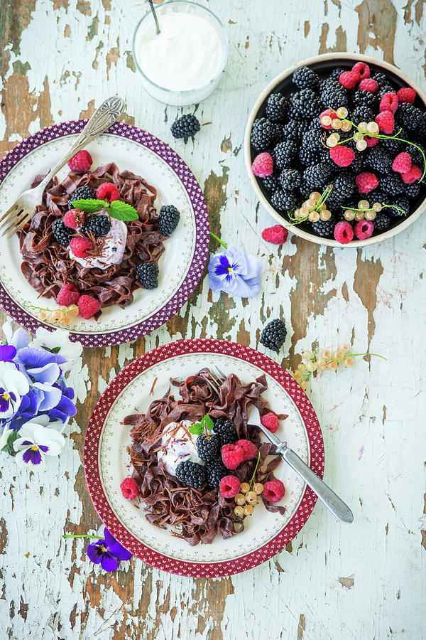 Chocolate Noodles With Fresh Berries Photograph by Irina Meliukh
