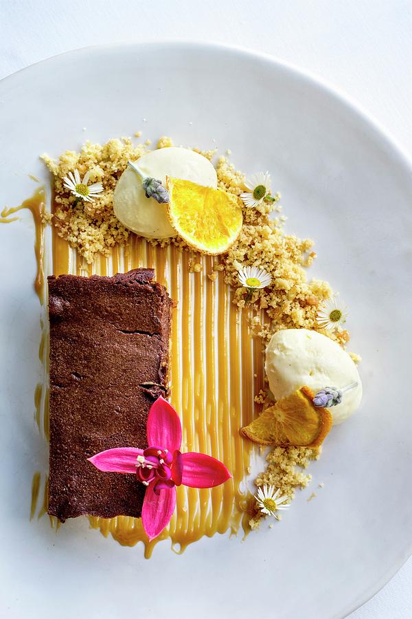 Chocolate, Peanut And Salted Caramel Torte With Vanilla Ice Cream Photograph by Great Stock!