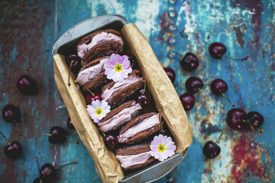 Chocolate Sandwich Cookies With Cherry Icecream Photograph by Lara Jane Thorpe