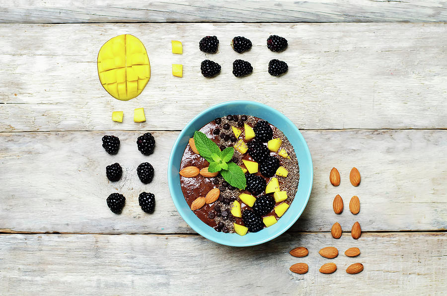 Chocolate Smoothies Breakfast Bowl With Chocolate Chips, Mango, Blackberry, Almond And Chia Seeds Photograph by Natasha Arz