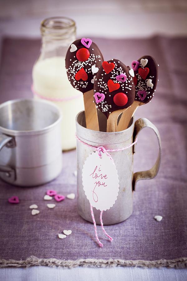 Chocolate Spoons And A Bottle Of Milk valentines Day Photograph by Eising Studio
