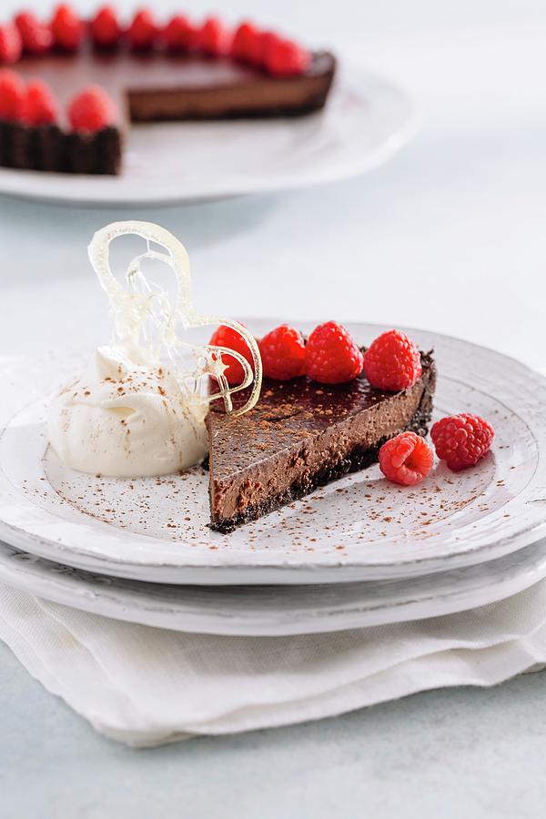 Chocolate Tart With Fresh Raspberries And Whipped Cream Photograph by Tracey Kusiewicz
