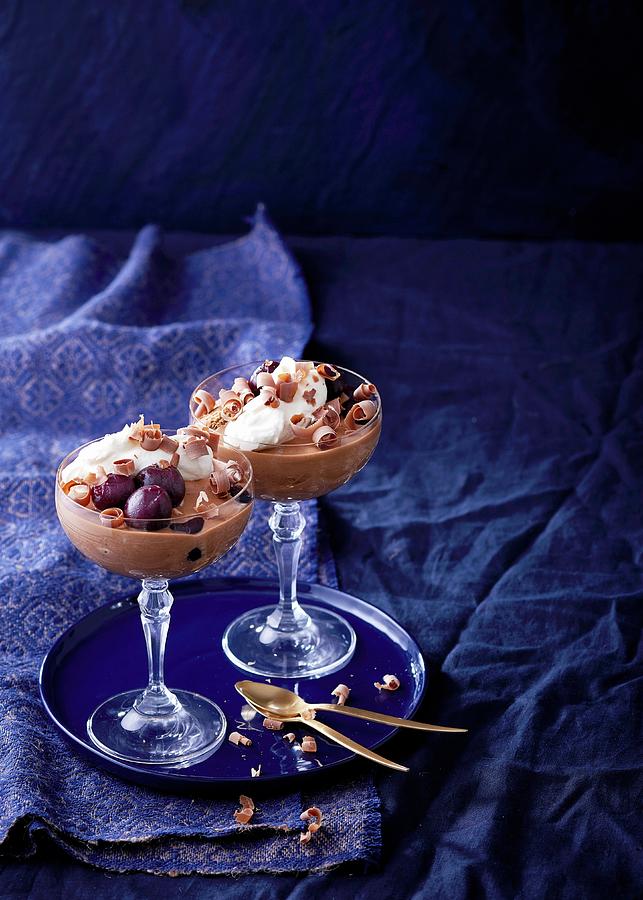 Chocolate Tiramisu With Pickled Cherries In Dessert Glasses Photograph by Great Stock!