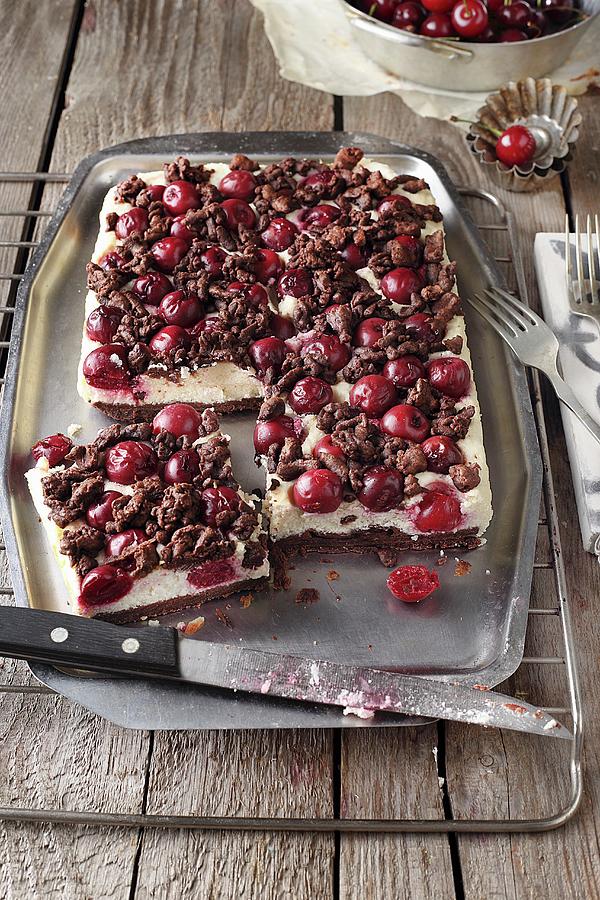 Chocolate Tray Bake With Cherries And Crumbles Photograph by Zita Csig