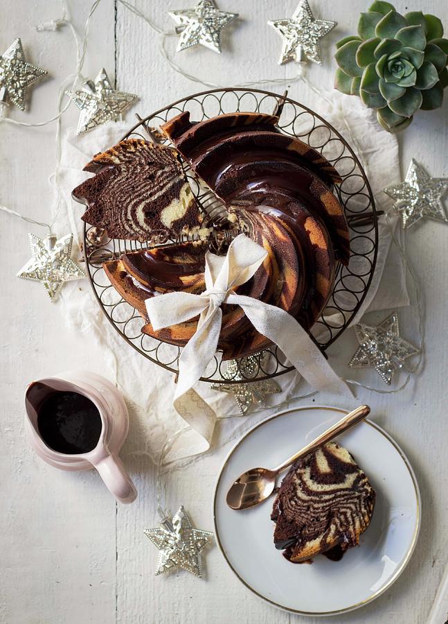 Chocolate & Vanilla Zebra Bundt Cake With Amarula Ganache For Christmas Photograph by Great Stock!