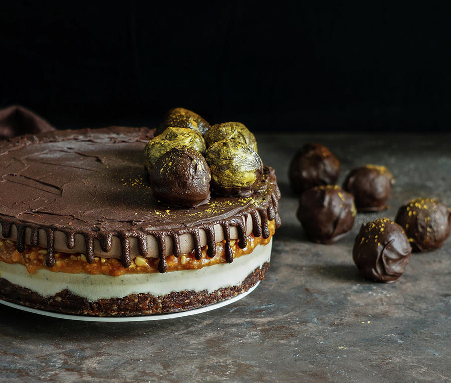 Chocolate Vegan Cake With Peanuts snickers Cake Photograph by Julia Bogdanova