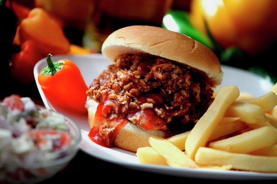 Bread Photograph - Chopped Barbecue Beef Sandwich On A Bun With French Fries by Kahn, Bob