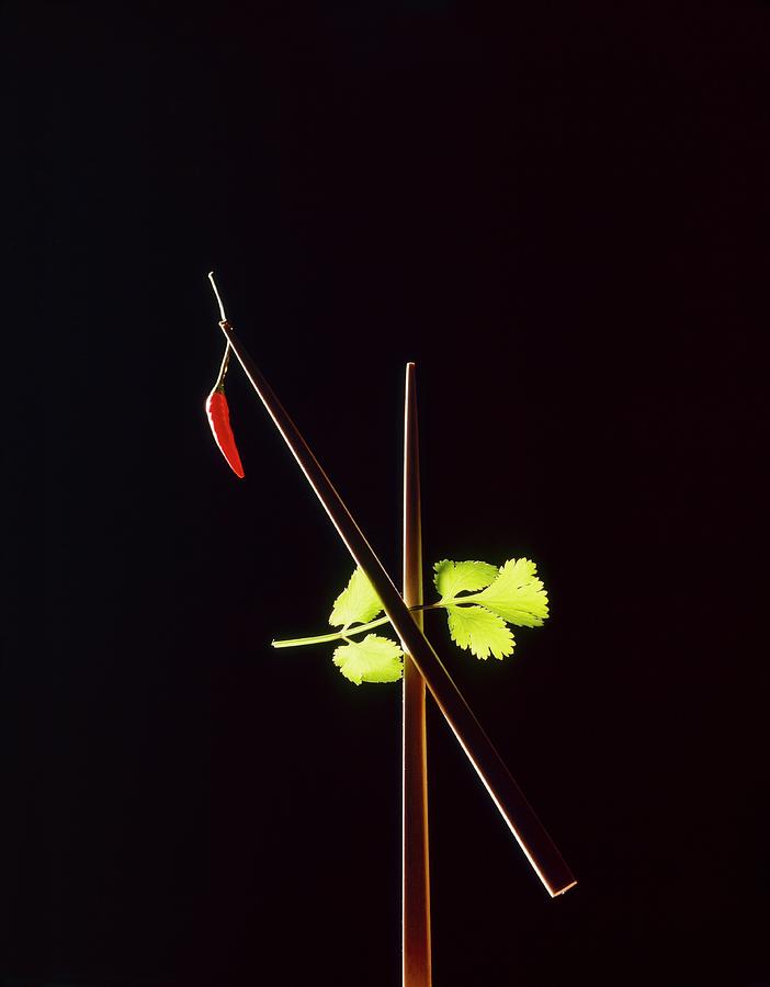 Chopsticks With A Chilli And Coriander Leaves Against A Black Background Photograph by Michael Wissing