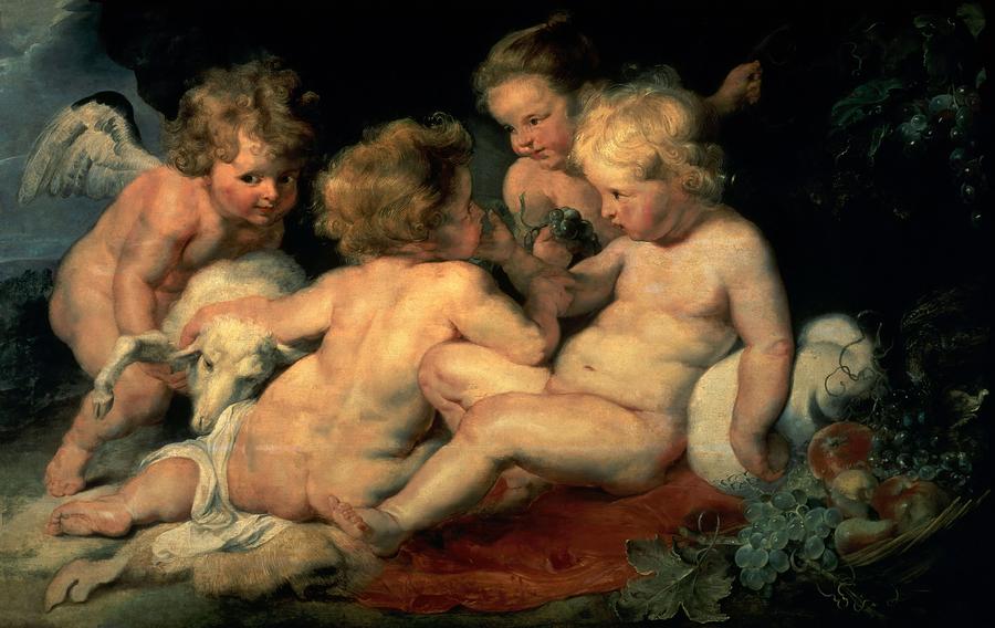 Christ and John the Baptist as Children and Two Angels, c. 1615-1620, Oil on panel. CHILD JESUS. Painting by Peter Paul Rubens -1577-1640-
