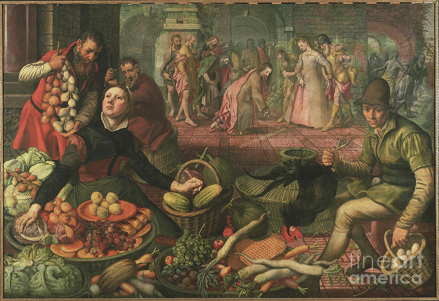 Vegetable Painting - Christ And The Woman Taken In Adultery, C.1570 by Pieter Aertsen