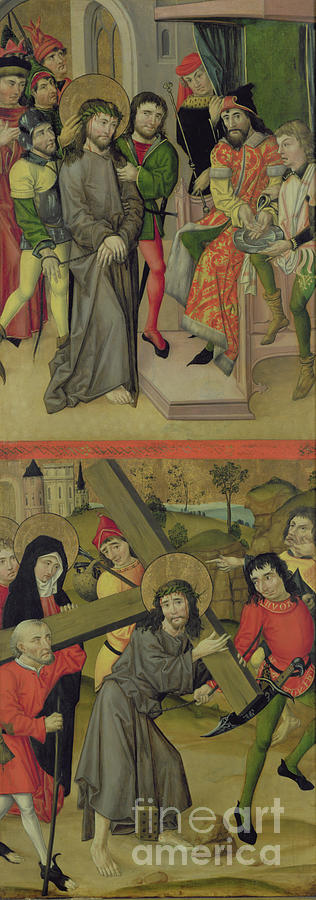 Jesus Christ Painting - Christ Before Pilate And Christ Carrying The Cross, Panel From And Altarpiece Depicting Scenes Of The Passion And Saints, 1490 by Master Of The Luneburg Footwashers