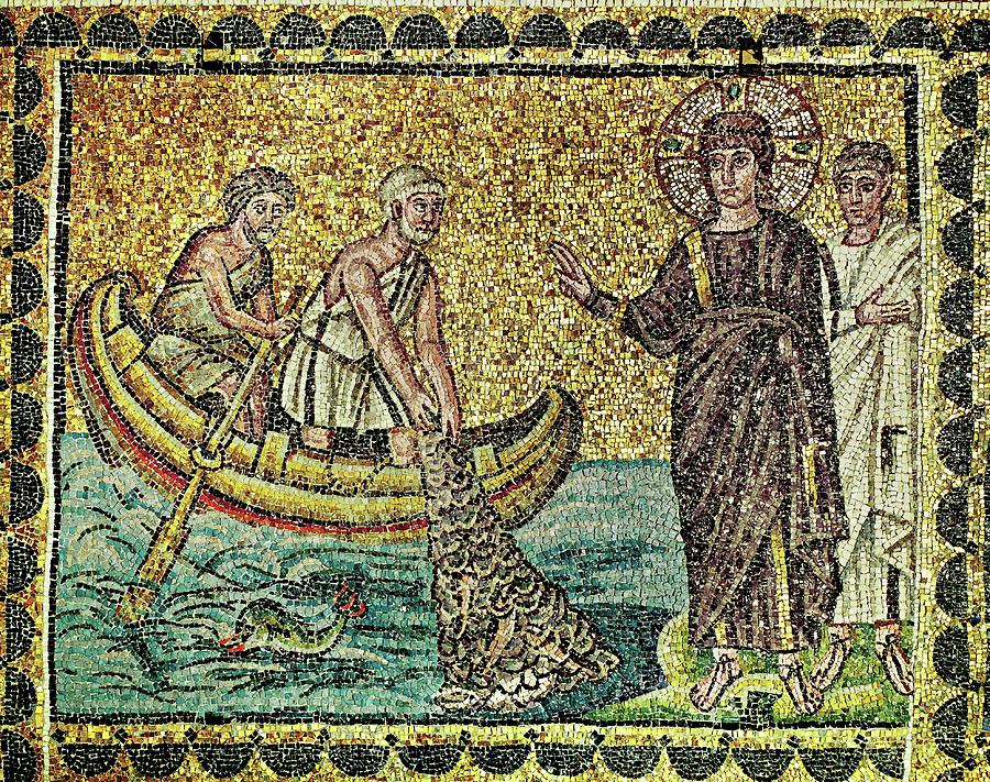 Christ calls Apostles Peter and Andrew as fishermen, mosaic cycle Saint Apollinare Nuovo Ravenna,... Painting by Album