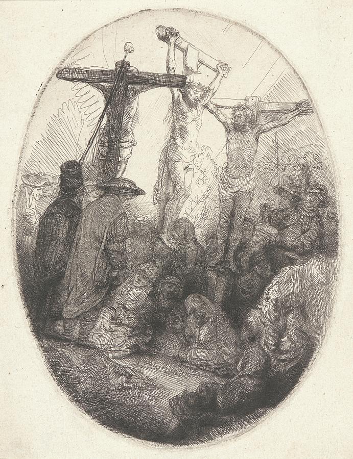 Etching Drawing - Christ Crucified Between The Two Thieves by Rembrandt Van Rijn