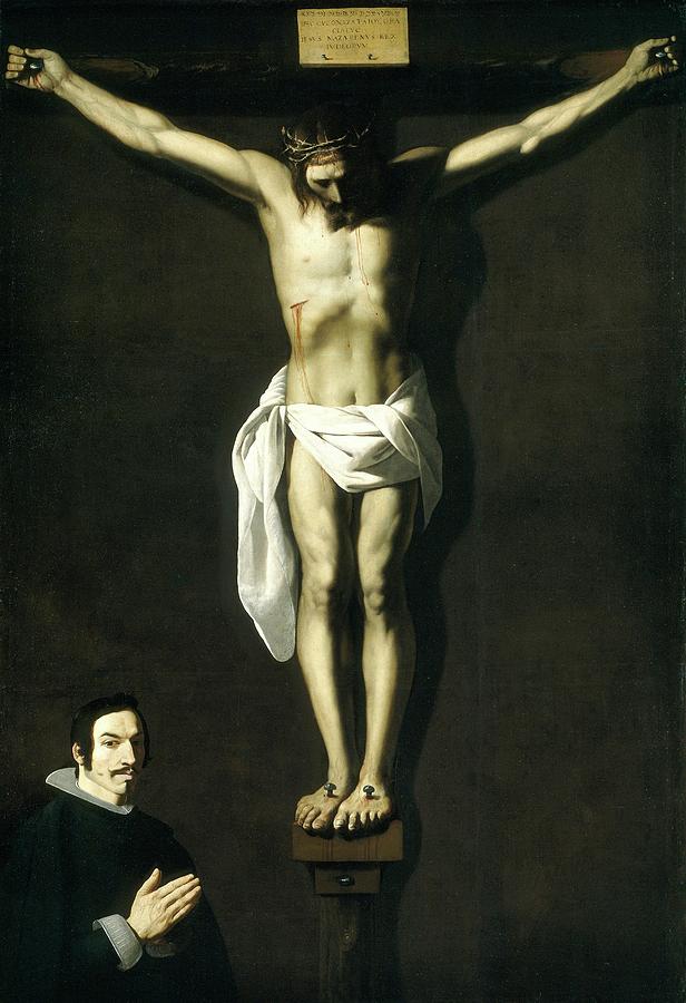 Christ Crucified, with the Sponsor, 1640, Spanish School, Oil on canvas... Painting by Francisco de Zurbaran -c 1598-1664-