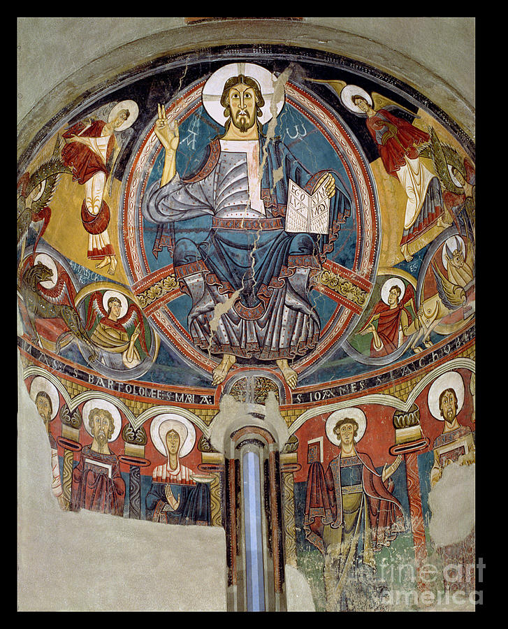 Romanesque Painting - Christ In Majesty Flanked By Seraphim And Symbols Of The Evangelists, Apse Fresco From San Climente In Taull by Master Of Tahull