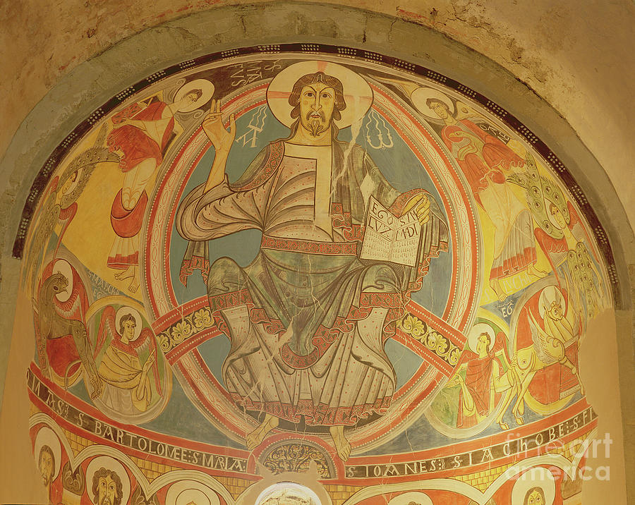 Christ In Majesty Flanked By Seraphim And Symbols Of The Evangelists, Copy Of 12th Century Original Painting by Spanish School