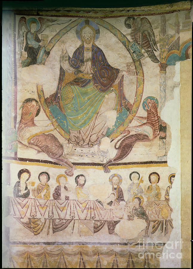 Christ In Majesty With Four Evangelical Symbols And The Last Supper, C.1200 Painting by French School