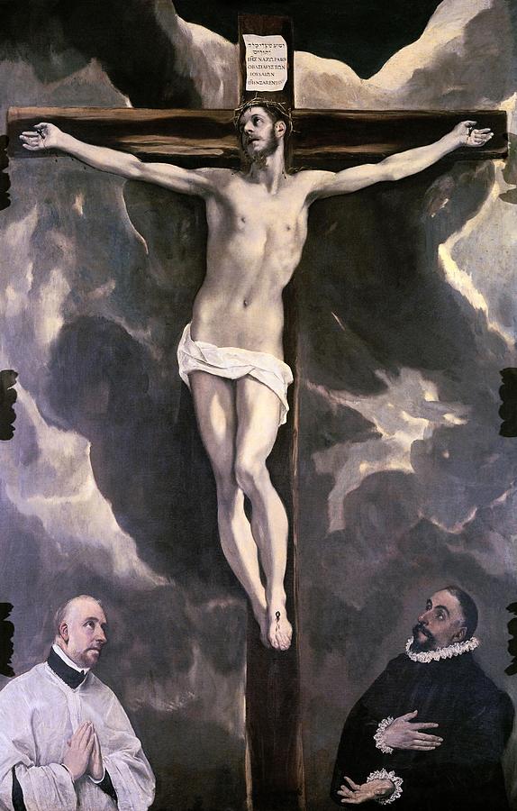 Christ on the Cross Adored by Donors, 1590, Oil on canvas, 250 x 180 cm. EL GRECO . Painting by El Greco -1541-1614-