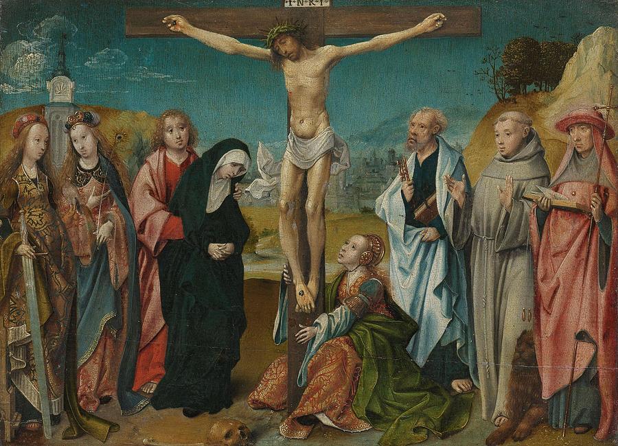 Christ on the Cross, with Mary, John, Mary Magdalene and Sts Cecilia and Barbara -left- and Peter... Painting by Cornelis Engebrechtsz