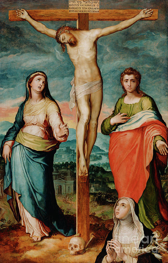 Christ on the Cross with Saints Mary, John the Evangelist and Catherine of Siena Painting by Marco Pino