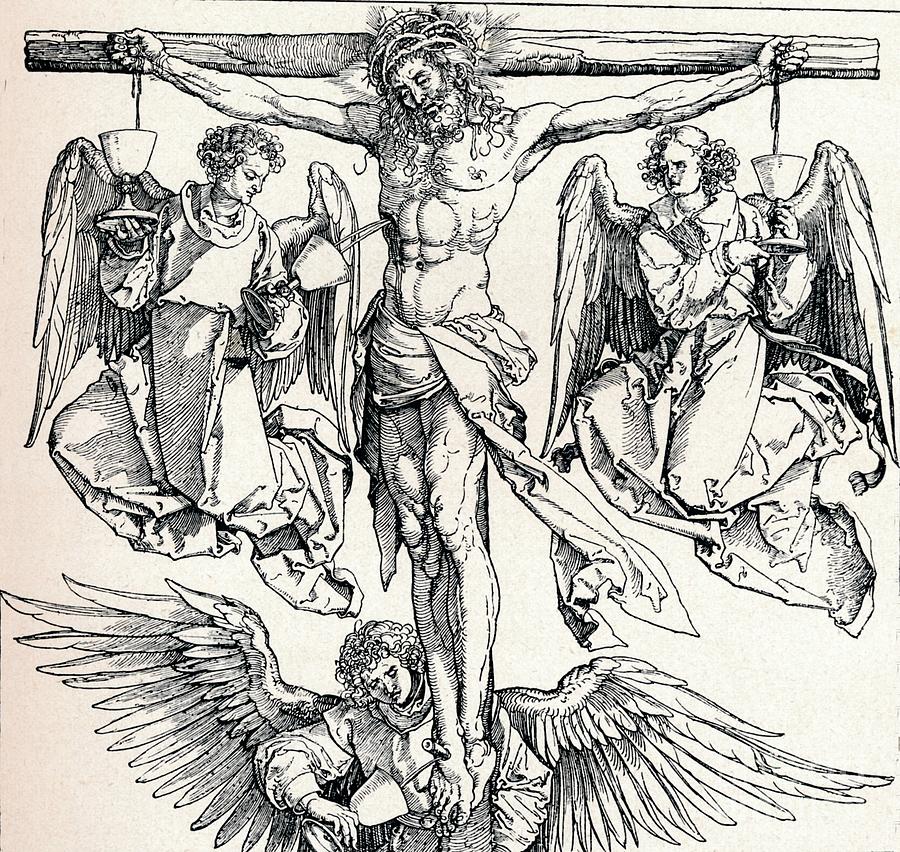 Christ On The Cross With Three Angels Drawing by Print Collector