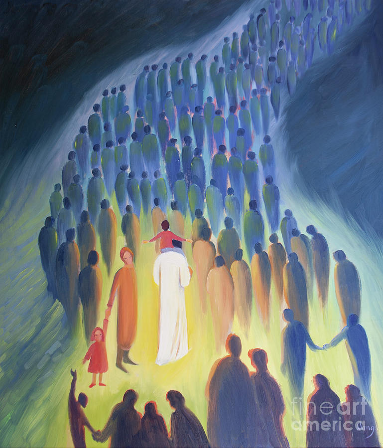Christ Walks Amongst His People, With The Pilgrims And The Sick Ones, A Child On His Shoulders Painting by Elizabeth Wang