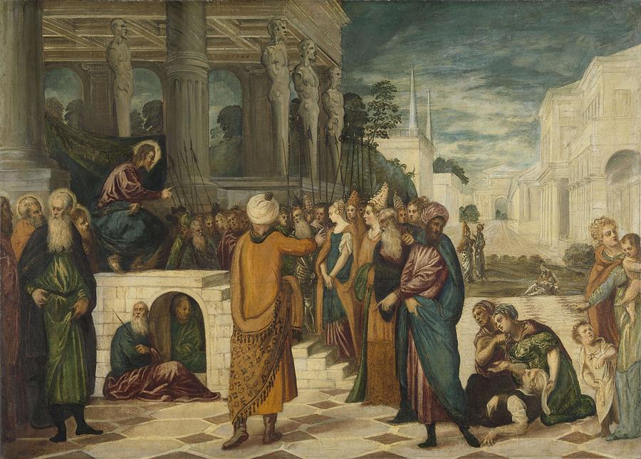 Christ with the Adulterous Woman. Painting by Jacopo Tintoretto