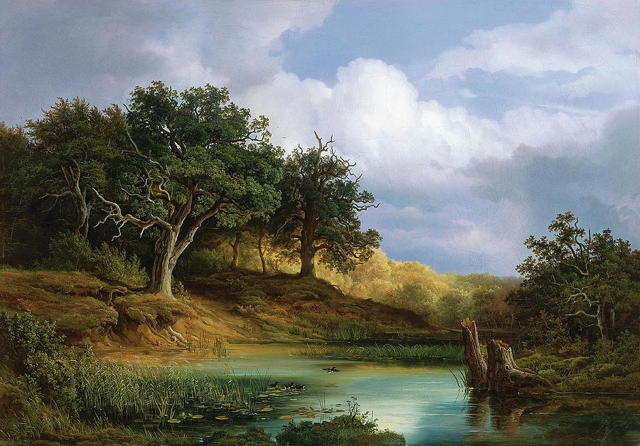 Christian E. B. Morgenstern -Hamburg, 1805-Munich, 1867-. Oaks beside the Water -1832-. Oil on ca... Painting by Christian Ernst Bernhard Morgenstern -1805-1867-