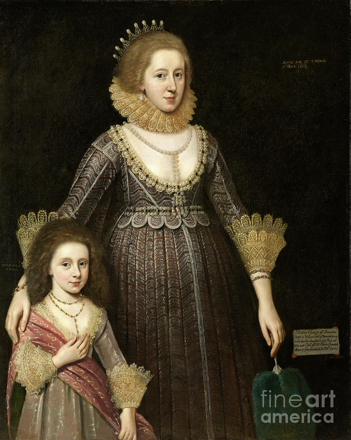 Christian, Lady Cavendish, Later Countess Of Devonshire And Her Daughter, 1619 Painting by Paul Van Somer