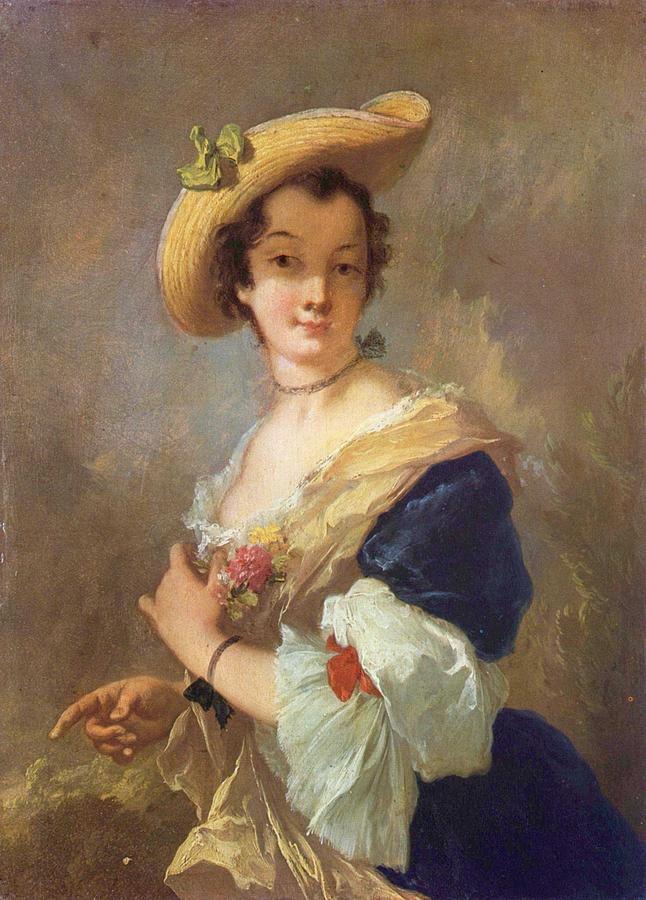 Summer Painting - Christian Wilhelm Ernst Dietrich, Portrait of a Woman with a Straw Hat by Celestial Images