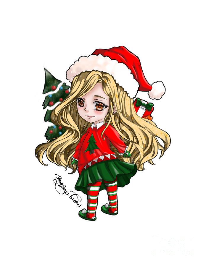 Download Christmas Anime Girl Digital Art By Anime Art For U PSD Mockup Templates