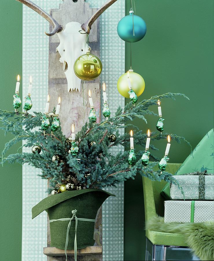 Christmas Arrangement In Shades Of Green With Bouquet Of Conifer Branches Photograph by Matteo Manduzio