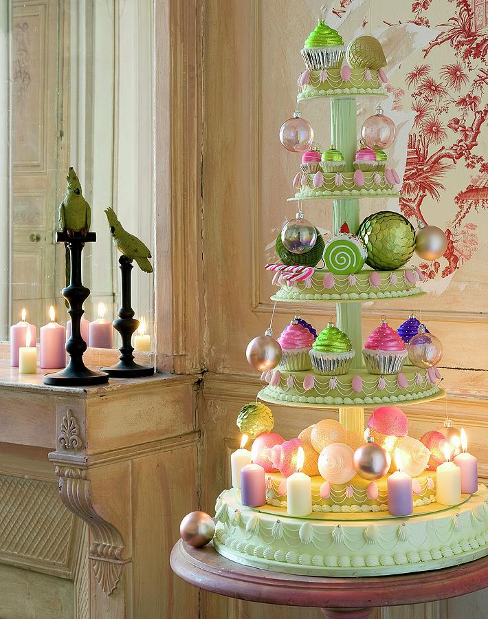 Christmas Arrangement Of Baubles And Candles On Cake Stand Photograph by Frederic Vasseur