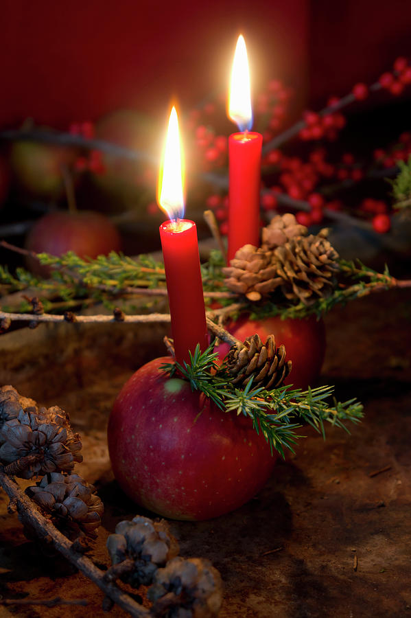 Christmas Arrangement Of Candles In Apples And Larch Branches Photograph by Martina Schindler