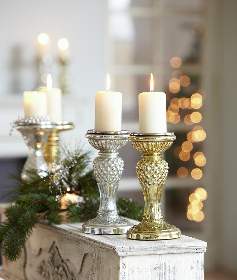 Christmas Arrangement Of Sparkling Silver And Gold Candlesticks Photograph by Werner Krauss