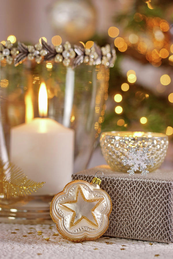 Christmas Arrangement With Gold, Glitter And Sparkling Lights Photograph by Angelica Linnhoff