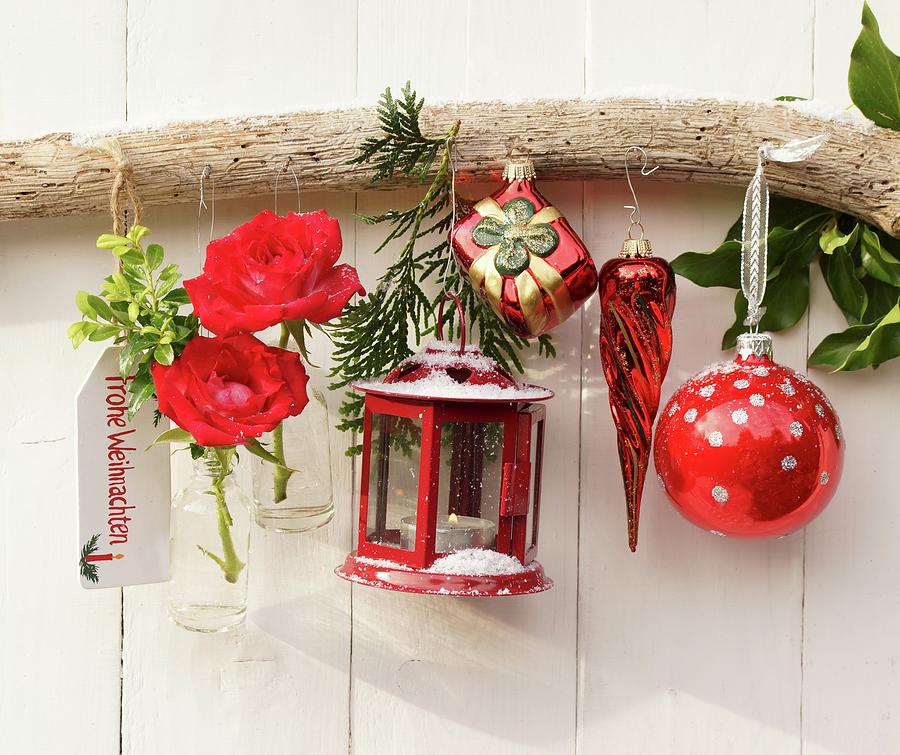 Christmas Arrangement With Lantern, Flowers & Baubles Photograph by Angelica Linnhoff