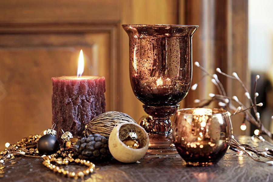Christmas Arrangement With Moulded Candles And Mercury-glass Candle Lanterns Photograph by Biglife