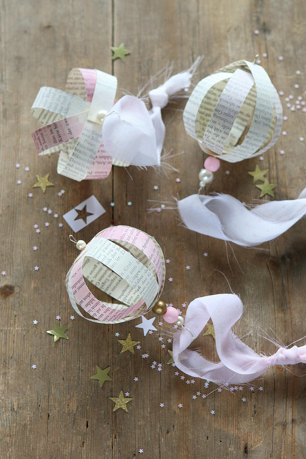 Christmas Baubles Handcrafted From Coloured Book Pages Photograph by Regina Hippel
