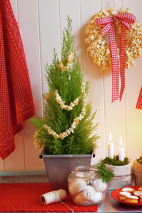 Christmas Biscuits, Candles In Moss, Thuja As A Christmas Tree And A Popcorn Wreath Photograph by Studio Lipov