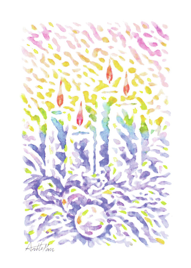 Christmas Candle,Candlelight,Watercolor,Colourful,Dazzling,Impressionism,Handmade,Hand-painted,Greet Drawing by Artto Pan