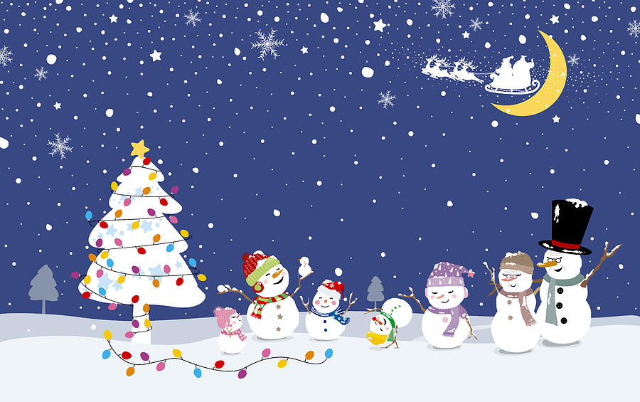 Christmas card design of snowman family with xmas tree in winter ...