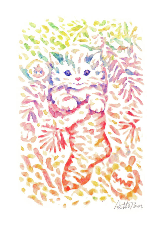Christmas-Cat,Socks,Watercolor,Colourful,Dazzling,ImpressionismHandmade,Hand-painted,Greeting Card Drawing by Artto Pan